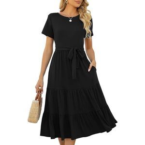 Lyrur Tiered Short Sleeve Belted Ruffle Boho Midi Sundress with Pockets Sz M